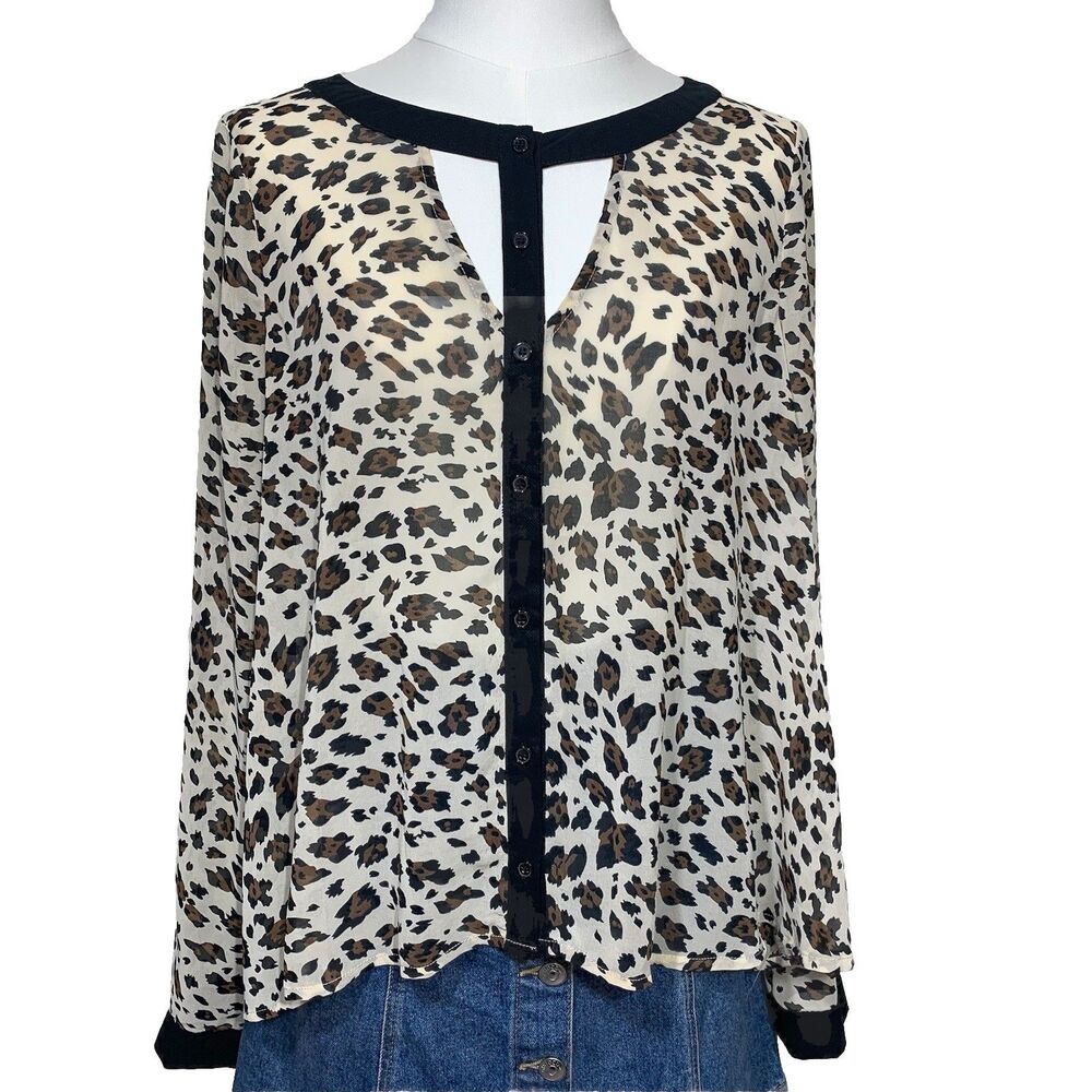 Elodie Leopard Print Blouse‎ Womens Medium Tan Brown Sheer Cutout Neck ET2778